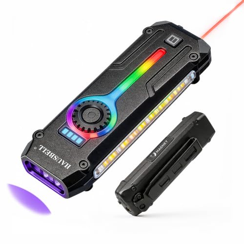 HAUSBELL Flat EDC Flashlight, 1800LM Turbo UV & Laser | Stainless Steel Slim Pocket Light, Stepless Dimming, Magnetic Base, USB-C Rechargeable. For Camping,Car Repair,Inspection