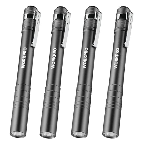 WORKPRO LED Pen Light, Aluminum Pen Flashlight, Pocket Flashlight with Clip | for Inspection, Emergency, Everyday, 2AAA Batteries Include, Gray(4-Pack)