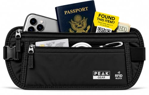 Peak Gear Travel Money Belt. Premium Quality Travel Wallet with RFID Blocking Fabric to Protect Credit Cards, Passports and Documents. Exclusive Theft Protection and 2 Recovery Tags | Black