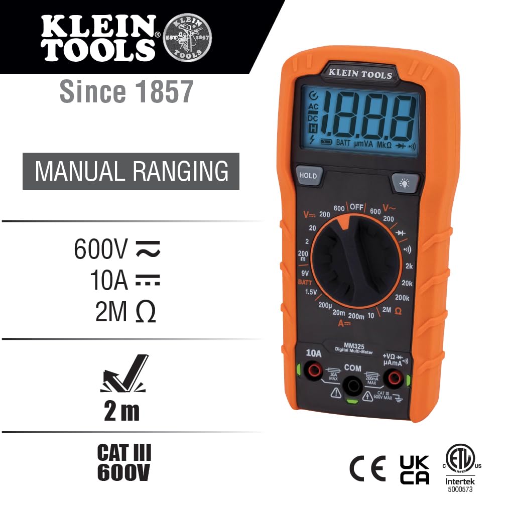 Klein Tools MM325 Multimeter, Digital Manual-Ranging 600V AC/DC Voltag — Build quality and design details up close