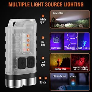 BORUIT V3 Small Powerful EDC Flashlight with Red UV Blue Light - Super Bright Rechargeable Mini Pocket LED Keychain Flash Light - 10 Mode, USB-C, IP65 Waterproof, Magnet